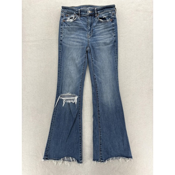 American Eagle Jeans Womens 2 Blue Stretch Flare Distressed Ripped Raw Hem Y2K - Picture 1 of 12